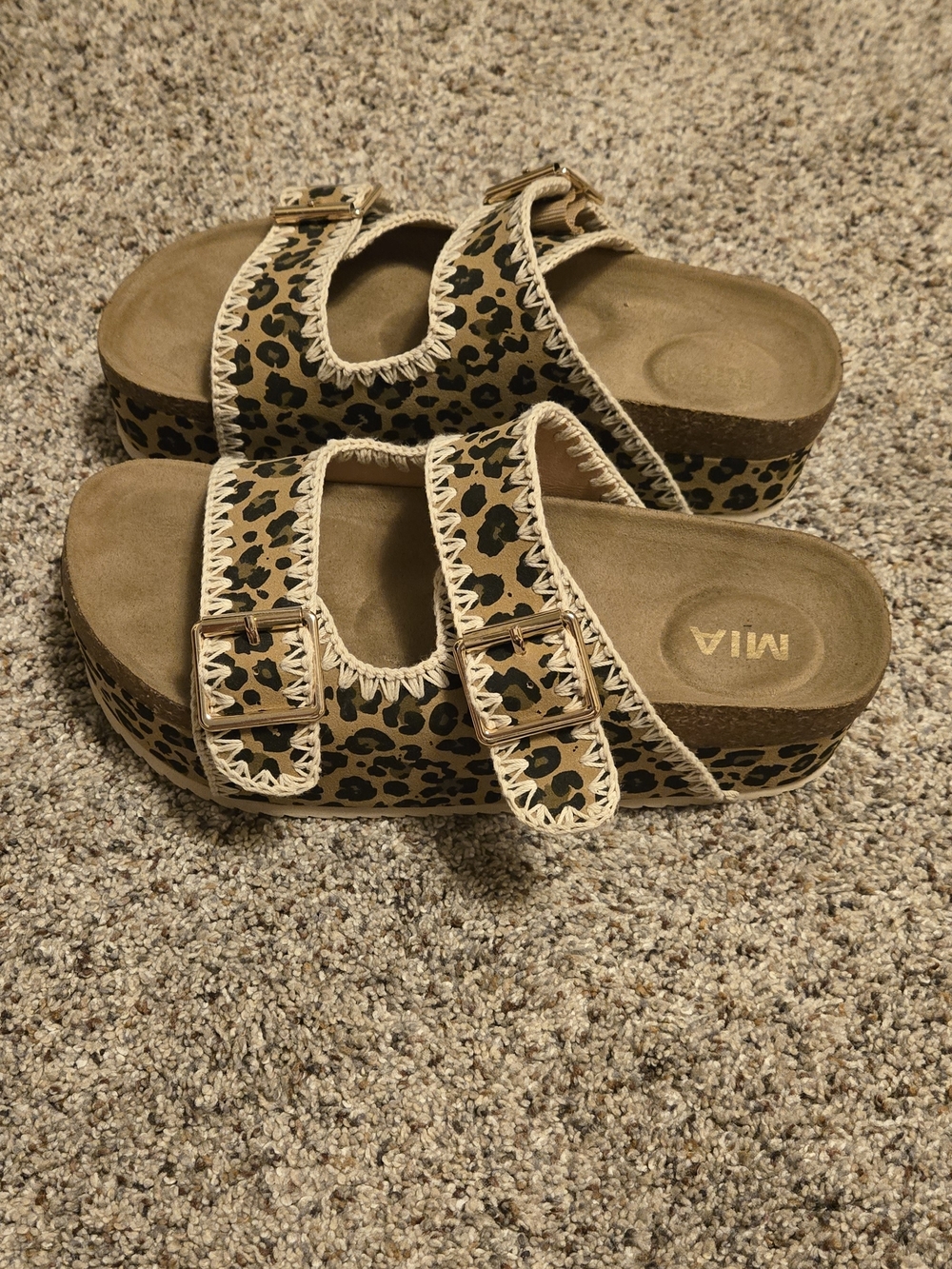 MIA Leopard Print Platform Buckle Sandals - Tan & Black